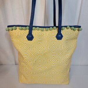 Clinique + Jonathan Adler Yellow  Geometric Pom Pom Large Tote Bag EUC